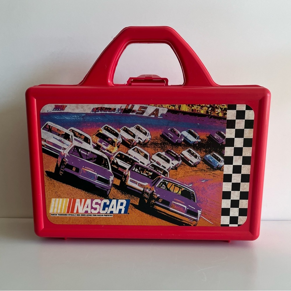 Vintage NASCAR Pencil Case Checker Flag Race Car Plastic Box